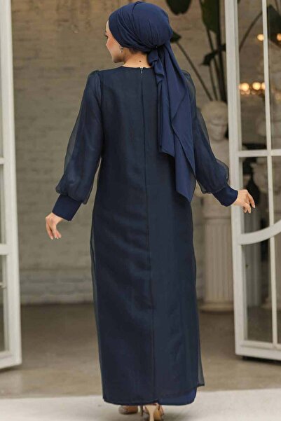 Neva Style Boncuk İşlemeli Lacivert Tesettür Abaya Takım 4626L