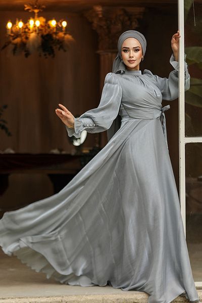 Neva Style Grey Hijab Evening Dress with Lacing Detail 48051Gr