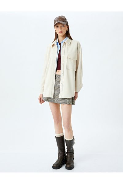 Koton Suede Look Classic Collar Pocket Detailed Buttoned Oversize Shirt