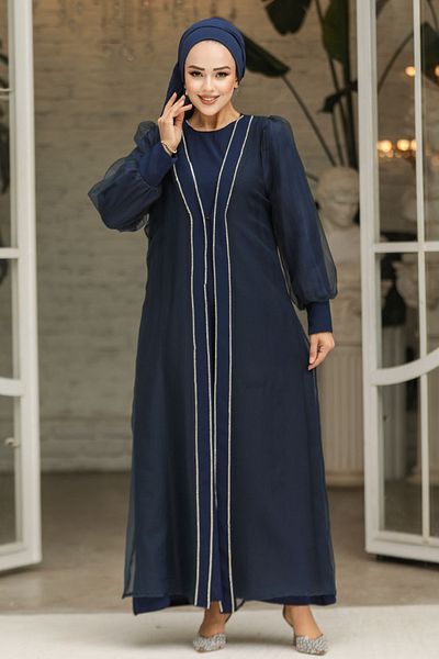 Neva Style Σετ Χιτζάμπ Abaya με Κεντημένες Χάντρες Navy Blue 4626L