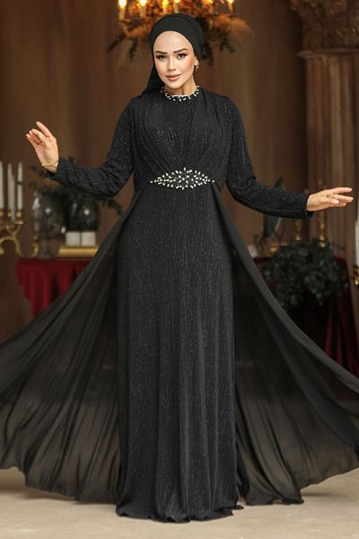 Neva Style Rochie de seară hijab neagră cu trenă 4443s