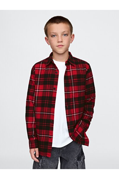 GAP Erkek Çocuk Kırmızı %100 Organik Pamuk Ekose Desenli Flannel Gömlek