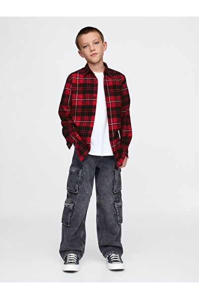 GAP Erkek Çocuk Kırmızı %100 Organik Pamuk Ekose Desenli Flannel Gömlek