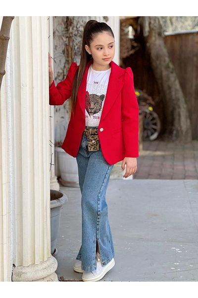 Uğurböceği Children's Dumbbell Jacket Slit Jeans Trousers 4-Piece Girls' Set