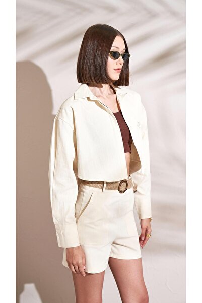 TENA Kadın Naturel Sırtı Düğmeli Cep Etiket Detaylı Gabardin Kumaş Gömlek