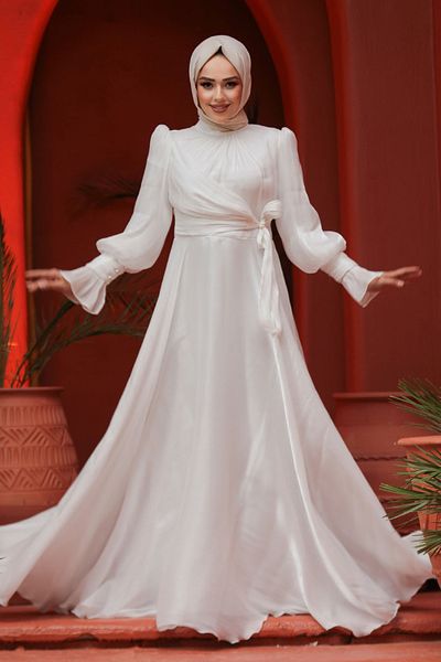 Neva Style White Hijab Evening Dress with Lacing Detail 48051B
