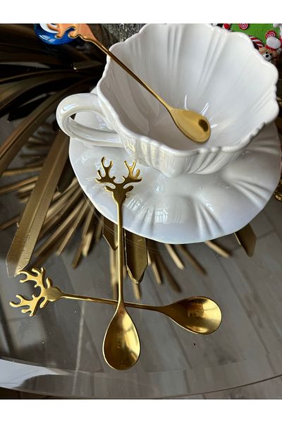 Hatice sakallı design 1 Piece Gold New Year - New Year's Deer Figured Sweet Spice Coffee Nescafe Spoon 14 cm
