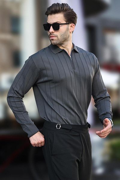 Madmext Polo Collar Zippered Anthracite Knitted Sweater - 7242