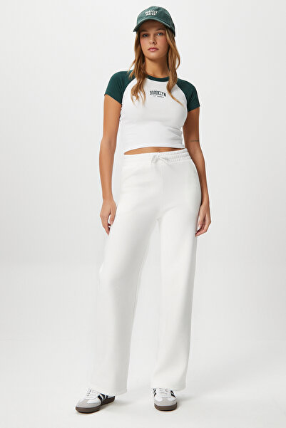 Ritnice Kadın Leo İçi Polarlı Tok Doku Düz Kesim Kalın Beyaz Eşofman Altı