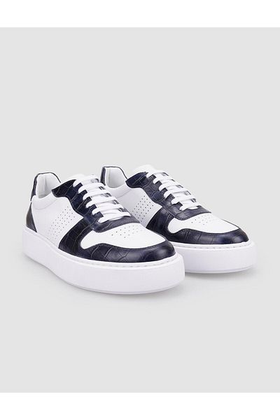 Cabani 100% Genuine Leather White - Navy Blue Croco Detailed Men's Sneakers