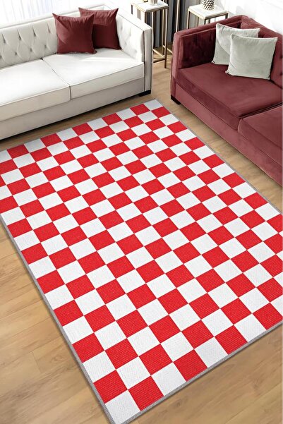 Homshtag Minimalist Damalı Kırmızı Beyaz Halı Kareli Oturma Odası Halısı Retr...