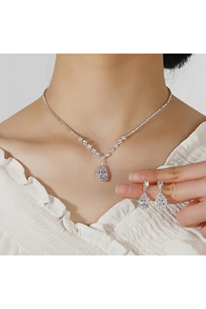 stainless steell VİP titanyum çelik yapım zirkon taşlı lüks su damlası takı set