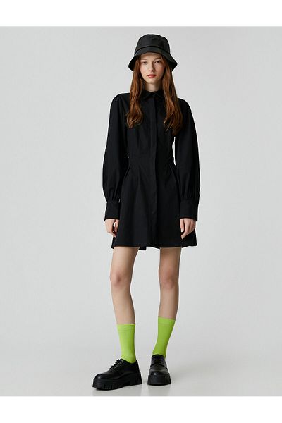 Koton Shirt Dress Pleated Waist Long Sleeve Cotton Cuff Collar