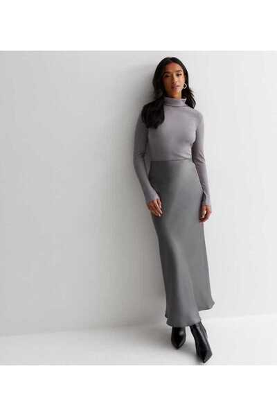 afeta Koyu Gri Saten Midi Boy Etek