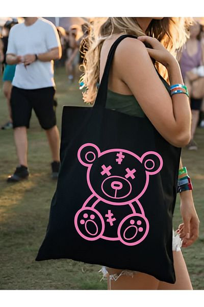 Cemira Geantă tote Teddy Bear Y2k, geantă groasă din pânză neagră, geantă pentru cumpărături, geantă de pânză, geantă Pinterest