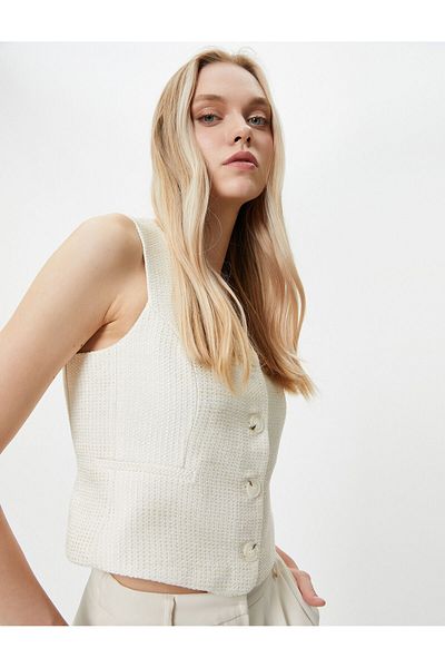 Koton Tweed Vest Square Collar Buttoned Flannel Pocket