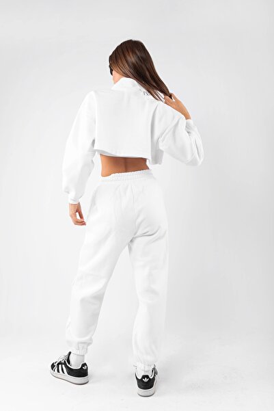 Bak Moda Γυναικείο λευκό σετ αθλητικών φόρμας με διπλό φερμουάρ Basic Crop Oversize
