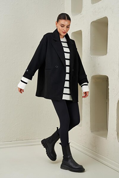 TENA Women's Black Single Button Hidden Pocket Oversize Cashmere Coat