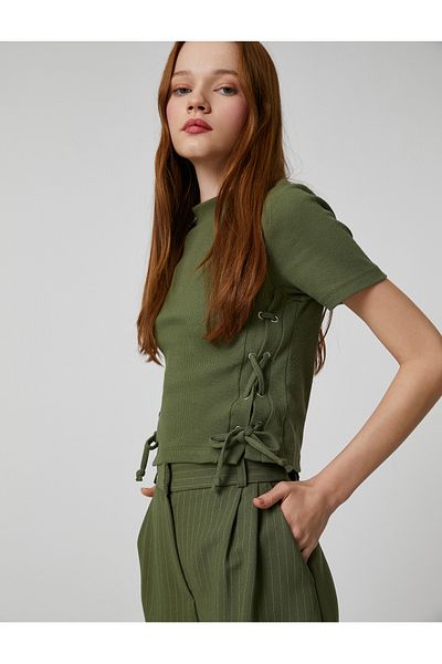 Koton Short Sleeve T-Shirt High Collar Side Tie Detail