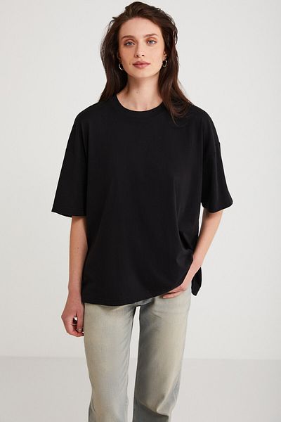 ETHIQUET Martina Femei - Tricou negru cu decolteu rotund din bumbac organic 100% - Potrivire regulată
