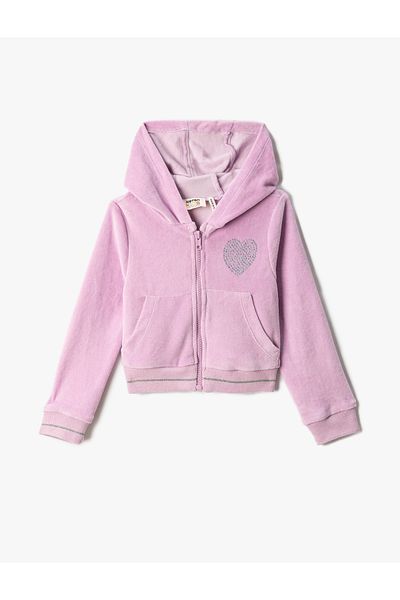 Koton Velvet Zipper Hooded Cardigan Long Sleeve with Pocket
