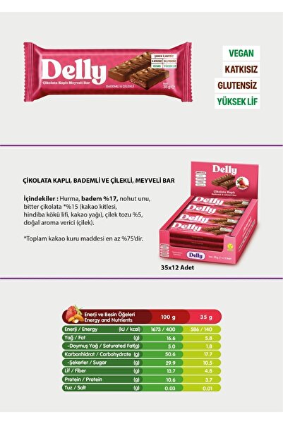 Delly 12 Adet Çikolata Kaplı - Bademli & Çilekli Meyveli Bar 35g