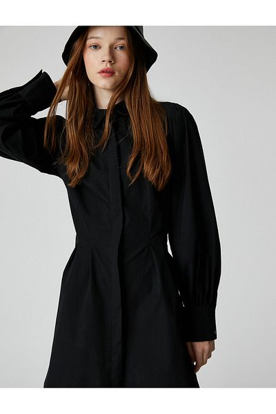 Koton Shirt Dress Pleated Waist Long Sleeve Cotton Cuff Collar