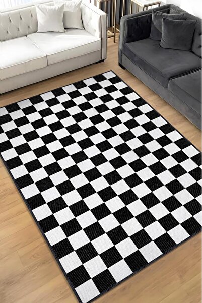 Homshtag Minimalist Damalı Siyah Beyaz Halı Kareli Oturma Odası Halısı Retro ...