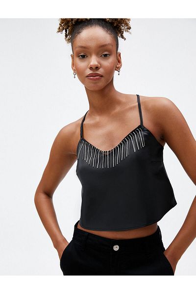 Koton Kurzes Satin-Bustier mit glänzendem Steindetail und dünnen Trägern