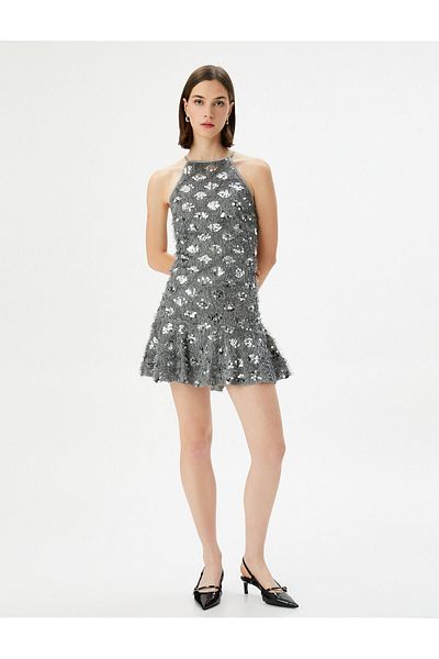 Koton Mini-Pailletten-Neckholder-Kleid mit metallischen Federn