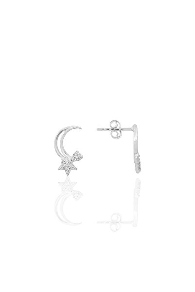 Söğütlü Silver Gümüş rodyumlu zirkon taşlı hilal yıldızı kadın küpe SGTL12656...