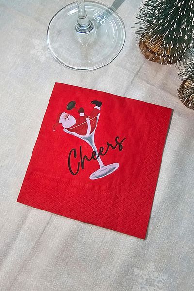 PEKSHOP Santa Claus Cheers New Year's Napkin in a Glass - Red Square Cocktail Napkin 12 Pack
