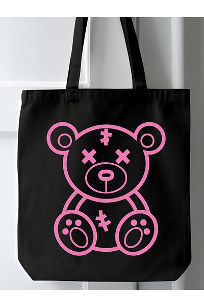 Cemira Geantă tote Teddy Bear Y2k, geantă groasă din pânză neagră, geantă pentru cumpărături, geantă de pânză, geantă Pinterest
