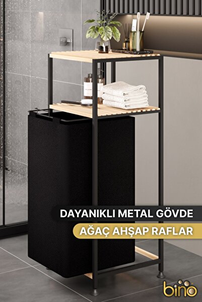 Bino Çamaşır Sepeti Kirli Sepeti Ahşap Banyo Dolabı Büyük Boy Geniş 2 KATLI Kumaş Kirli Sepeti