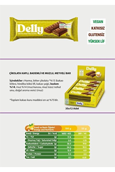 Delly Çikolata Kaplı Bademli & Muzlı Meyveli Bar 12 Adet X 35g