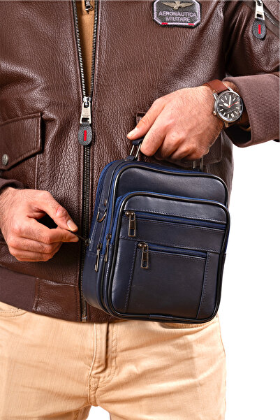 CüzCan Erkek Lacivert Çelik Kasalı Hakiki Deri El Ve Omuz Çantası ( Orta Boy)