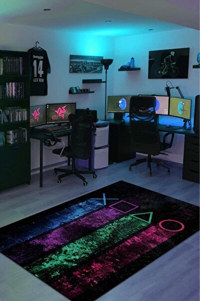 Homshtag Joystick Renkli Oyuncu Halısı Zemini Siyah Renk Gamer Temalı Halı Oy...