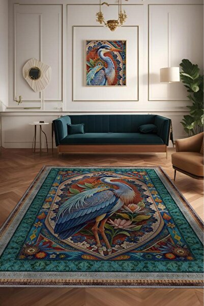 Noah's Ark Collection Blue Heron Themed Floral Multicolor Curb Concept Rug