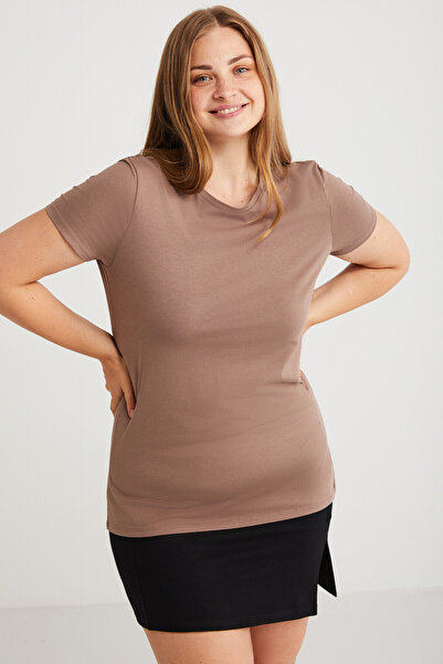 ETHIQUET Mayra Women's Slim Fit Slim Fit Crew Neck Basic Brown Plus Size T-Shirt