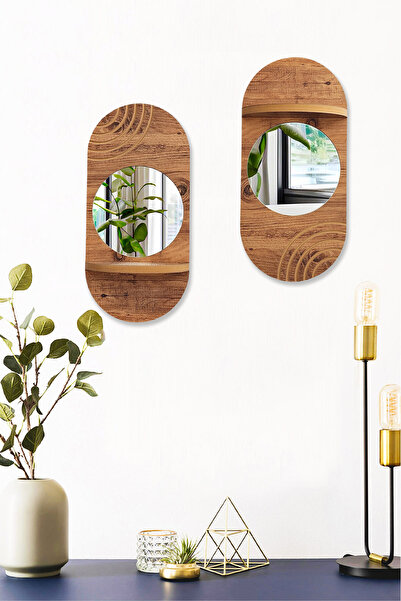 MONTESEV 2 li Aynalı Duvar Rafı Seti Banyo Lavabo Aynası Dekoratif Ahşap Duvar Rafı Seti - 015H