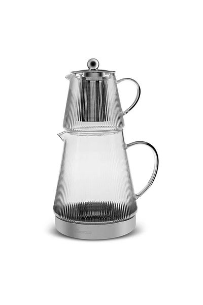 Karaca Keops Borosilicate, Glass Teapot Set, Transparent Silver