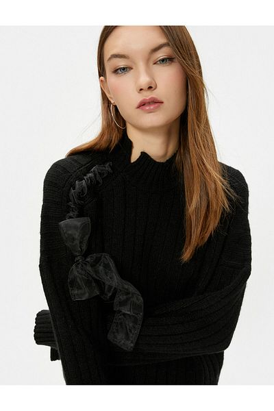 Koton Knitwear Sweater Tulle Detailed Stand Collar Long Sleeve