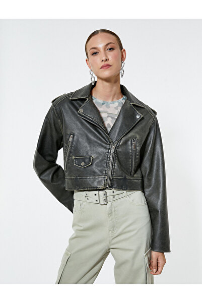 Koton Crop Faux Leather Jacket Διπλή τσέπη με φερμουάρ