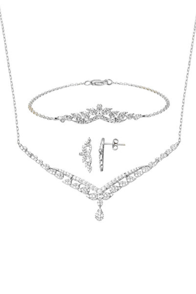 Bilezikci 14 Ayar Damla Tasarım Beyaz Altın Nişan Seti