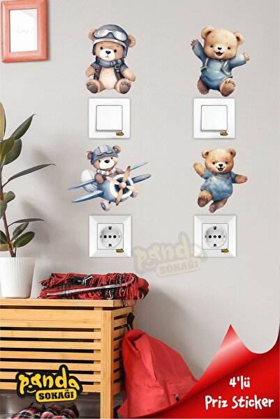 PANDA SOKAĞI Sevimli Ayıcıklar Priz 4'lü Set, Uçan Ayılar Priz Sticker Set, T...