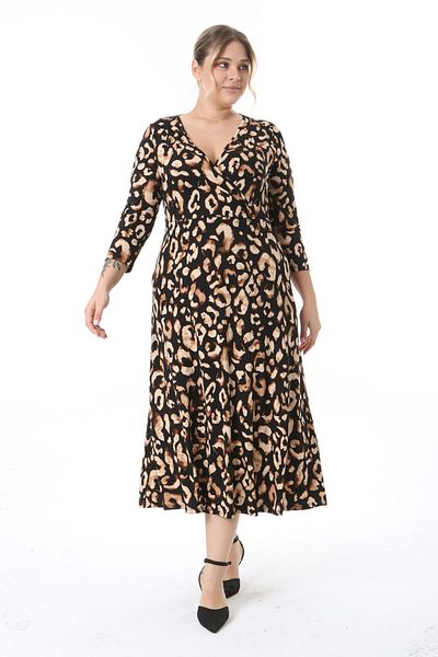 Madwilo Rochie de damă, neagră, maro, cu model Tiger, lungime maxi, cu rever dublu, cu mânecă lungă, mărime mare