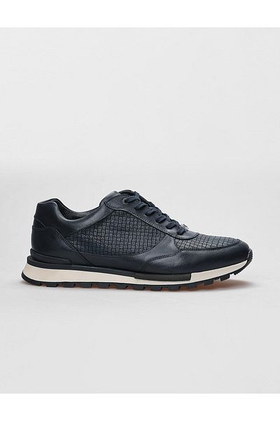 Cabani Genuine Leather Navy Blue Lace-Up Men's Sports Shoes
