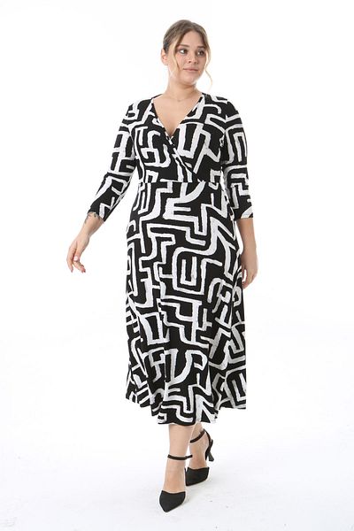 Madwilo Women's Black and White Tie Dye Geometric Pattern Maxi Length Double Breasted Lapel Long Sleeve Plus Size Dress