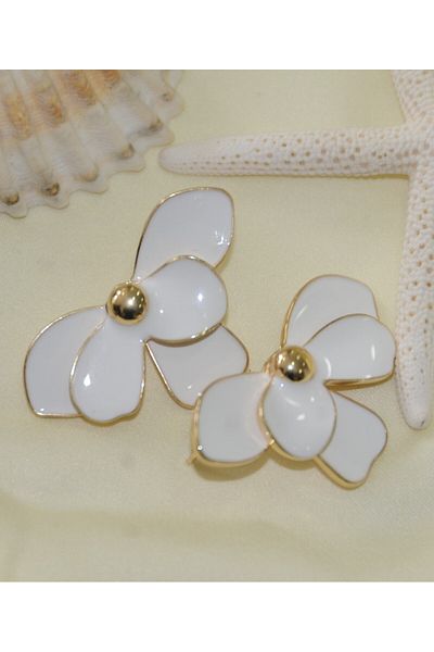 İPAR AKSESUAR Half Flowery Gold Metal White Earring