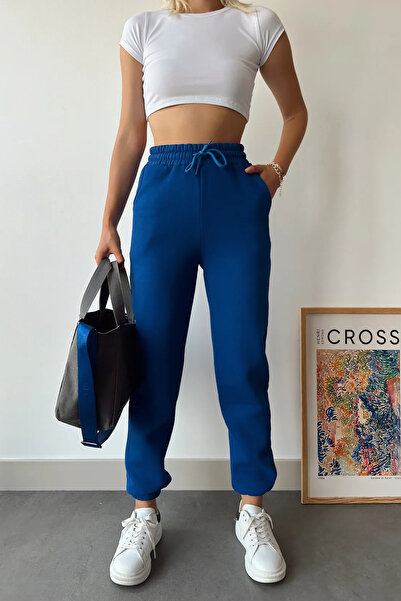 schlank Kadın İndigo Mavi Kışlık Kalın İçi Polarlı Yüksek Bel Paçası Lastikli Basic Jogger Eşofman Altı